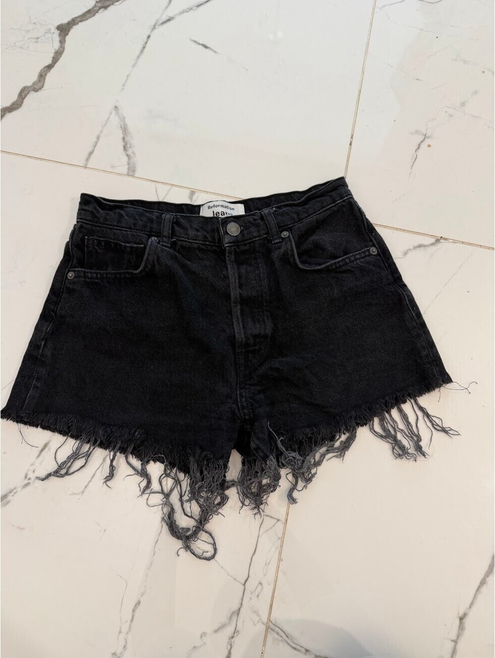 Reformation Jeans Black Frayed Denim Shorts Size 26